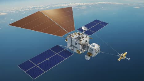 a high-resolution depiction of a modern spacecraft in orbit, featuring solar panels and advanced instrumentation against a stunning ocean background