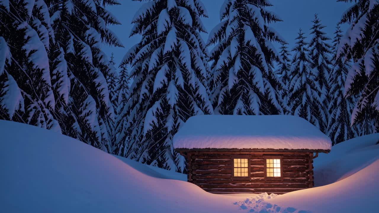 A serene winter video featuring a cozy cabin surrounded by snow-covered trees, captured from a low
