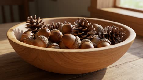 a beautiful arrangement of natural elements: acorns and pine cones in a wooden bowl illuminated by soft natural light