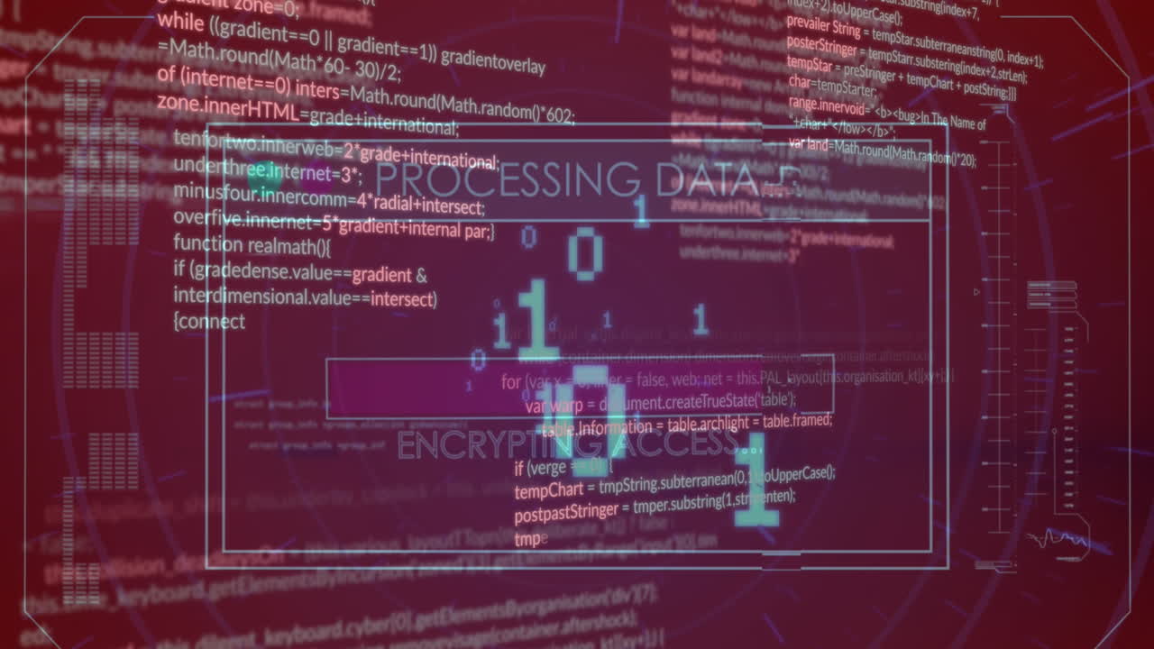 Animation of texts with loading bars over computer language and binary codes on abstract background