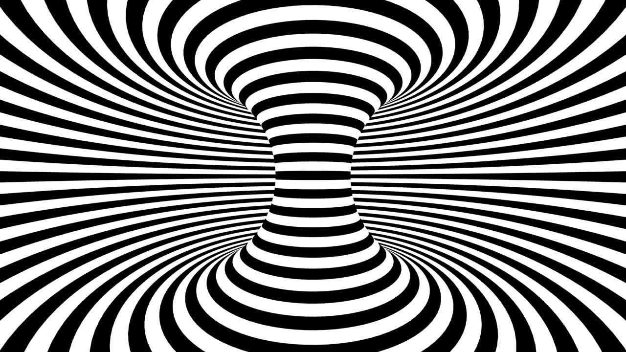 líneas curvas retorcidas blancas y negras que forman un fondo torus horizontal, ilusión óptica. ilustración de renderización 3d