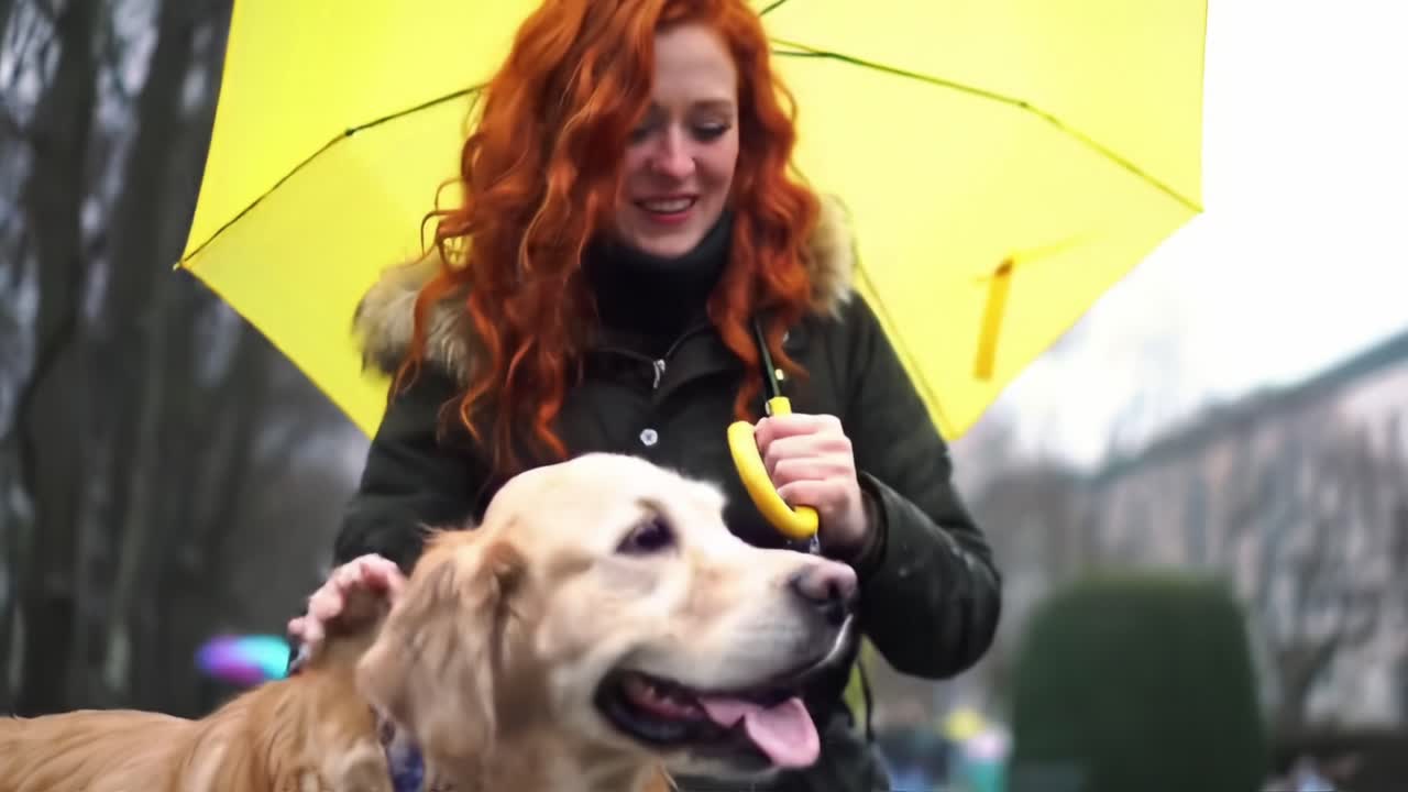 A Joyful Moment Under the Yellow Umbrella: A Woman Enjoys Quality Time with Her Playful Golden Retriever on a Rainy Day in the Park