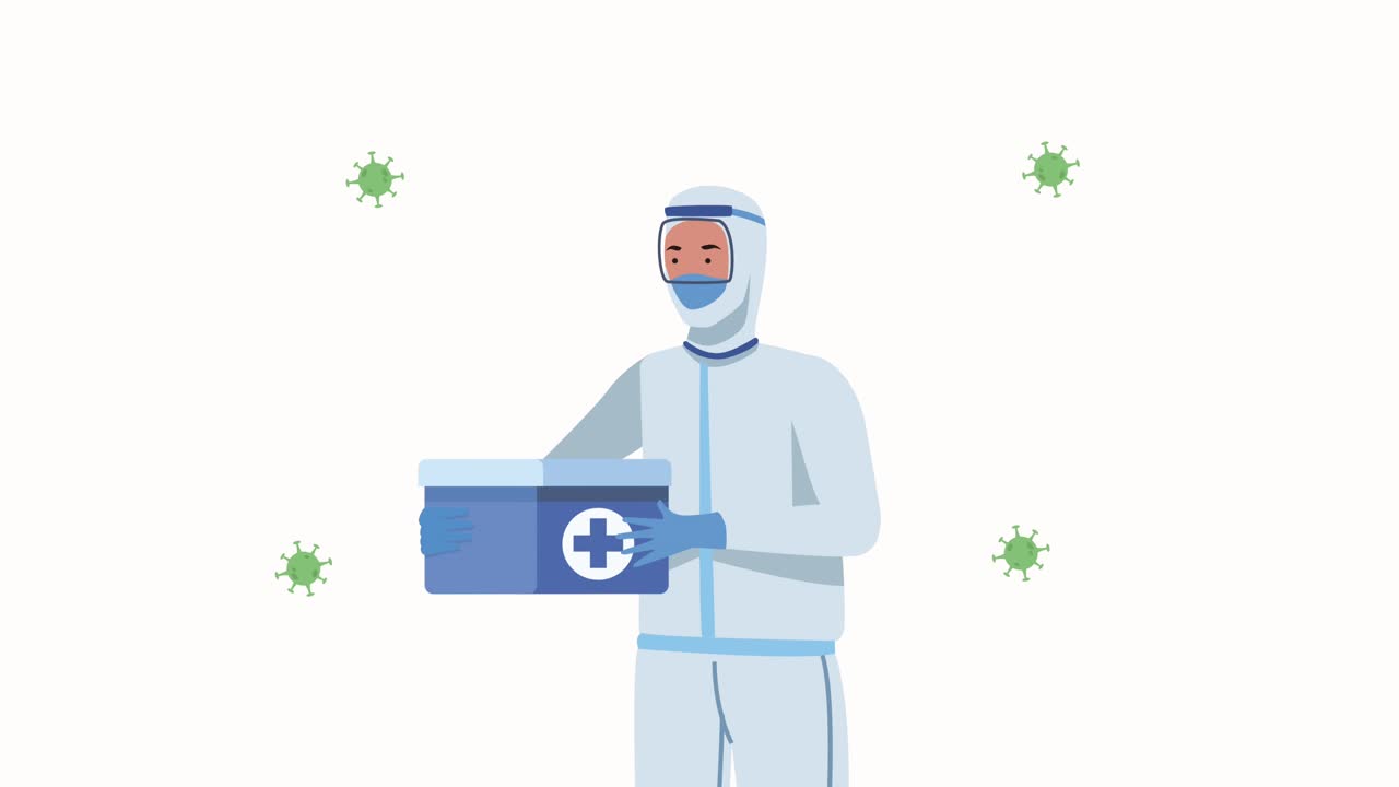 partículas de covid-19 con animación de caja de prueba de elevación de trabajadores de riesgo biológico