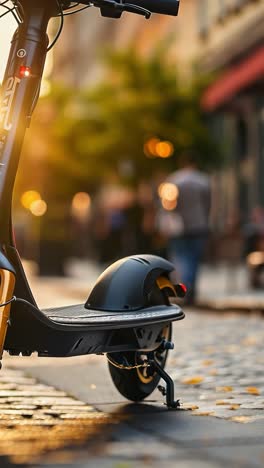 electric scooter parked on cobblestone street at dusk