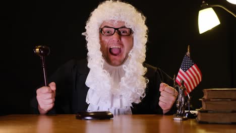 an energetic judge effectively portraying both authority and excitement in a dynamic courtroom setting atmosphere