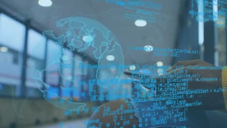 animation of data processing and globe over mixed race woman using smartphone