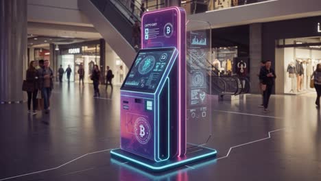 futuristic cryptocurrency atm in a shopping mall: exploring the integration of technology and finance for modern transactions