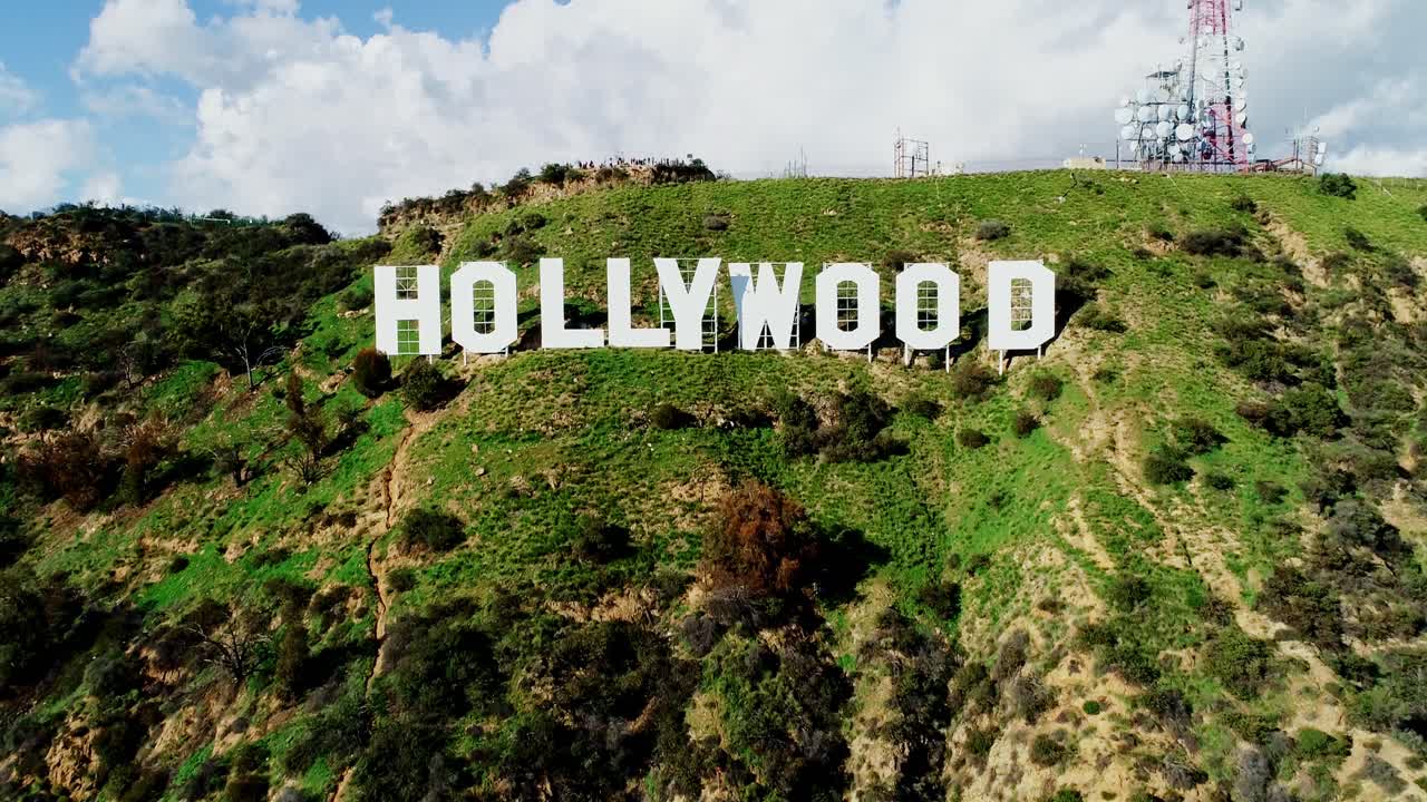 Hollywood sign, iconic symbol surrounded by California hills, Close aerial view