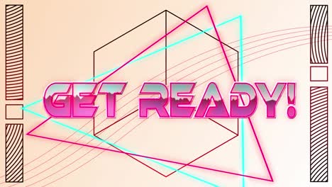 Animation-of-get-ready-text-in-pink-metallic-letters-over-neon-lines-with-hexagon-on-pale-pink