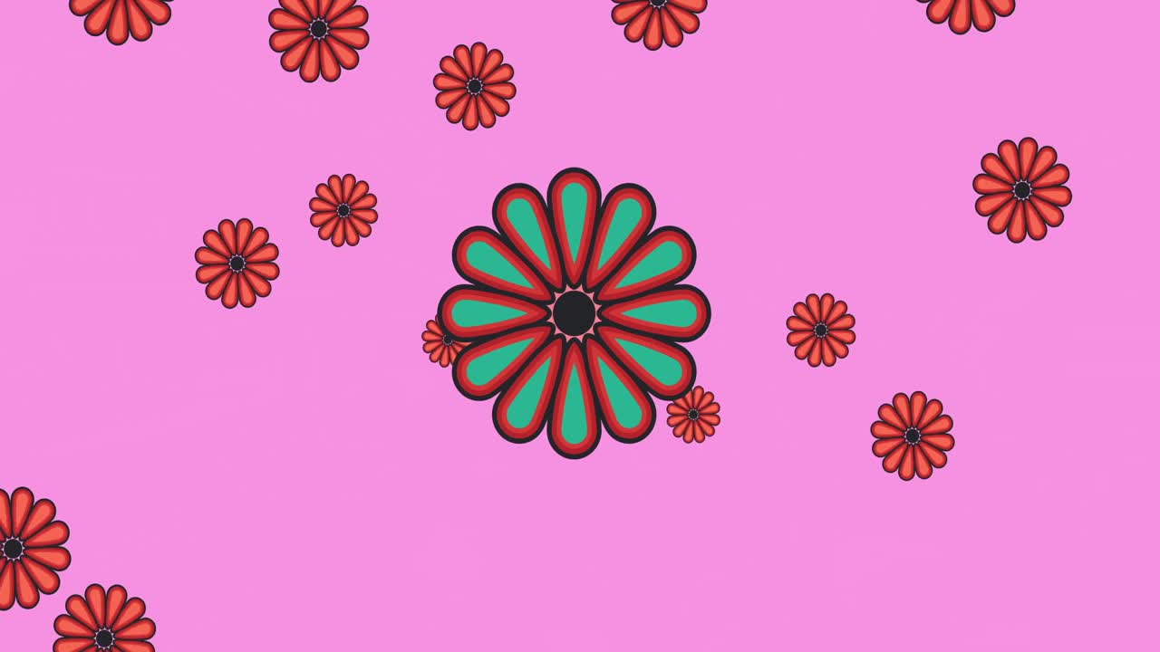 animación de múltiples flores rojas sobre un fondo rosado
