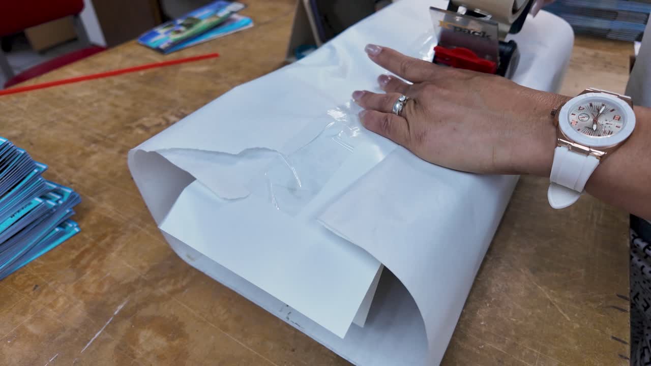 A hand carefully uses a tape dispenser to secure a packaged print job on a wooden surface. The organized workspace showcases a range of materials and tools involved in the process. SLOW MOTION.