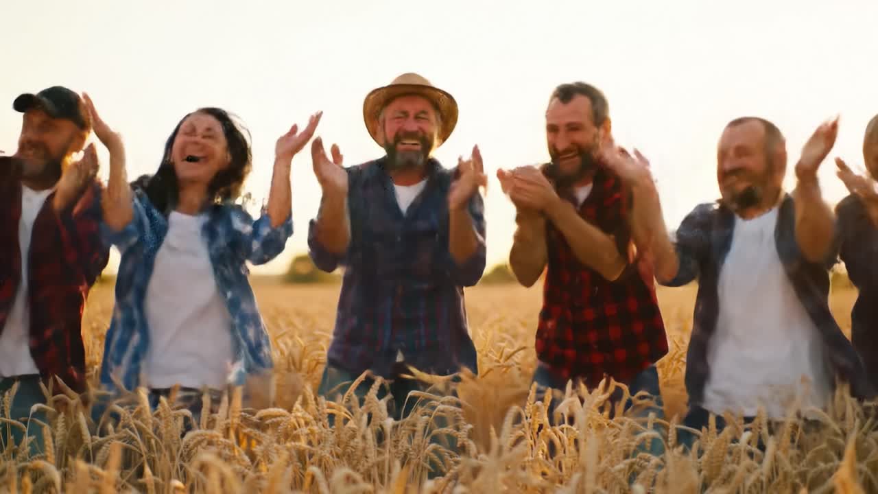 Joyful Celebration Among Friends in a Wheat Field: A Heartwarming Display of Happiness, Unity, and Agricultural Abundance Captured in the Moment