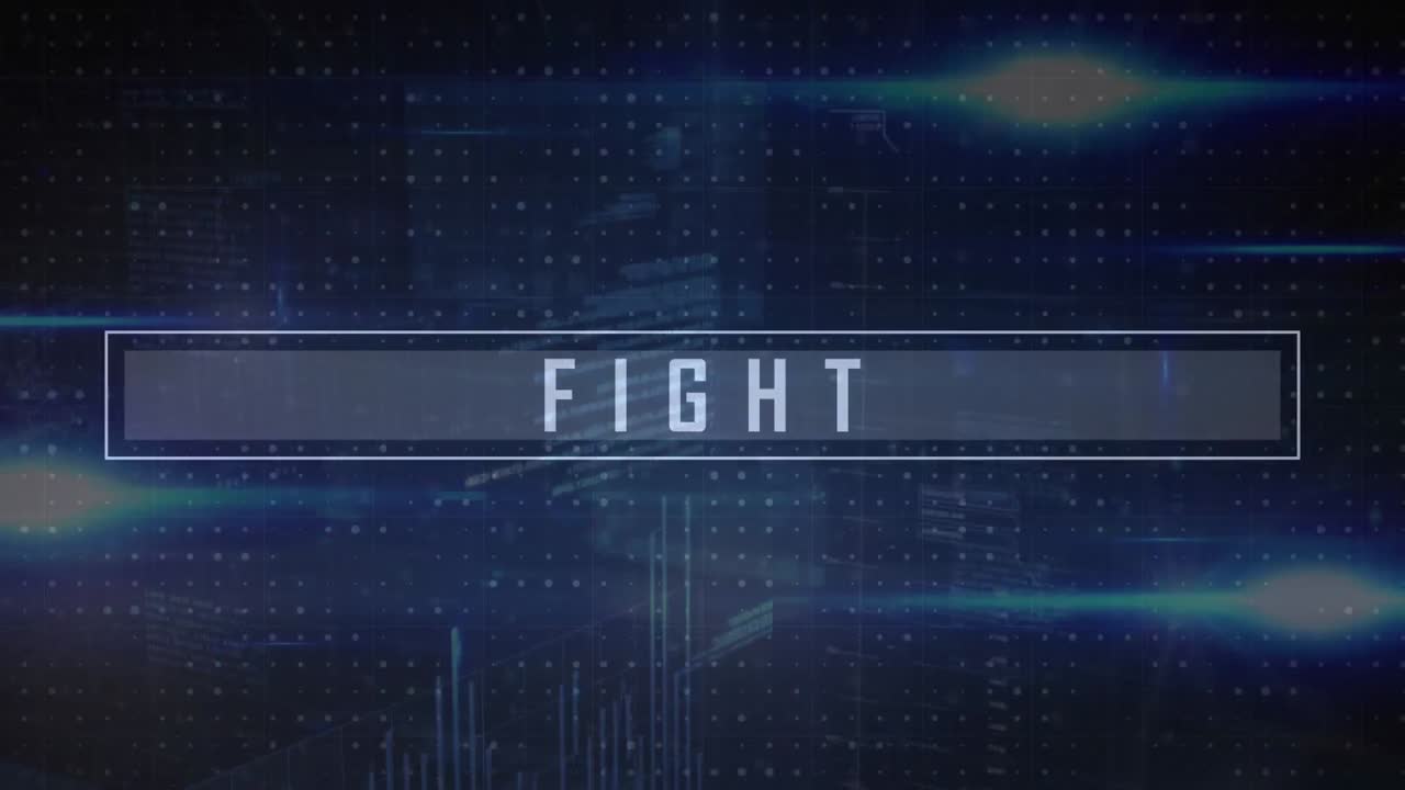 추상적인 배경 위에 전투 텍스트, 프로그래밍 언어 및 렌즈 플레어의 애니메이션