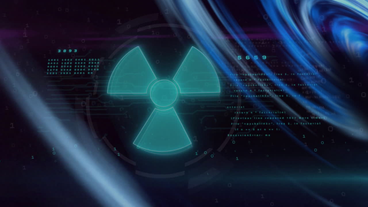 Animation of glowing radiation symbol with swirling digital data and blue lights