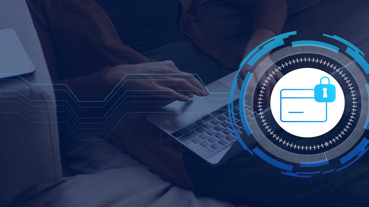 Woman placing hands and typing on laptop after secure HUD appearing, sending finance data via phone