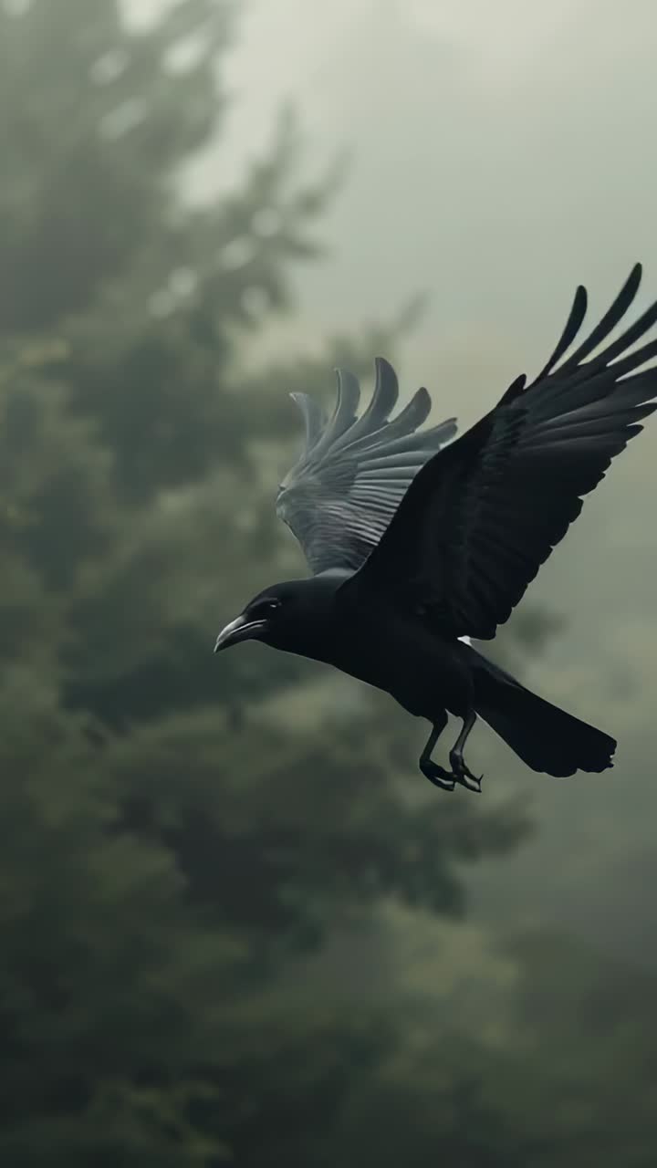 Vertical video: Single corvid sending first wingbeat, steering through foggy pines, showing talons