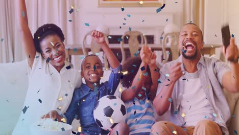 animation of falling confetti over happy african american family