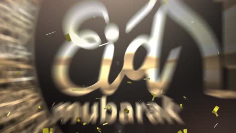 animation of text eid mubarak with mosque, crescent moon symbol and confetti in gold on black