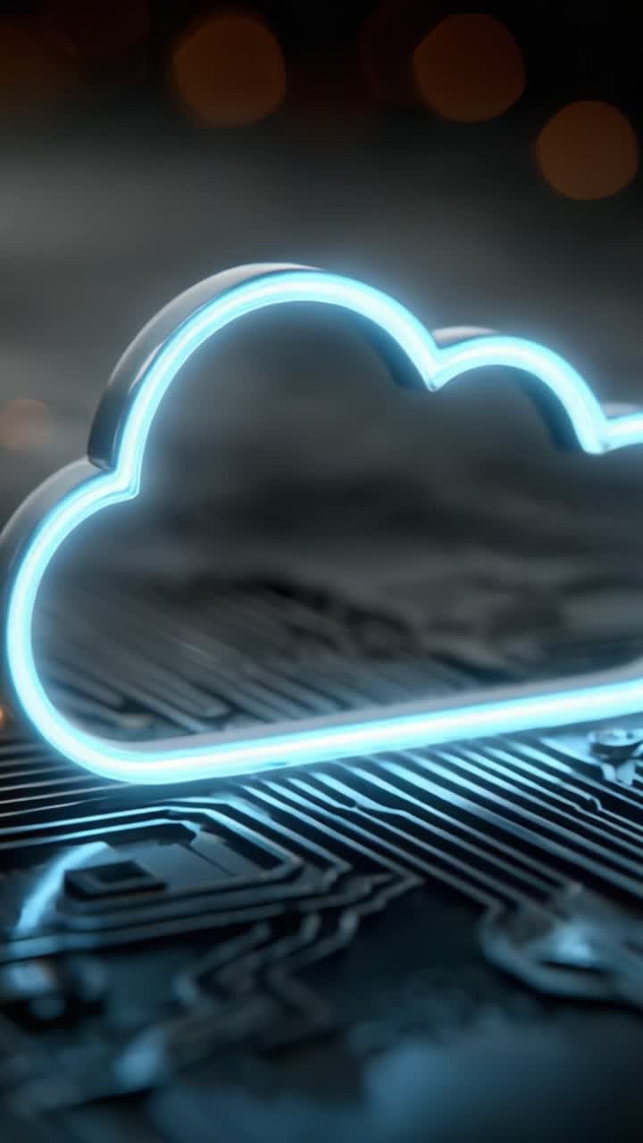 Un simbolo di nuvola incandescente che illumina un circuito stampato, che rappresenta la tecnologia di cloud computing e l'innovazione digitale nel moderno ambiente tecnologico