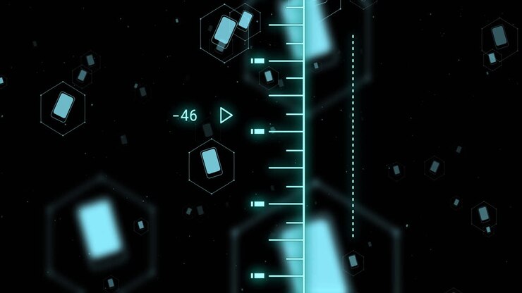 Animazione di elaborazione dati digitali con esagoni e numeri su sfondo scuro.
