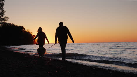 Paar-Geht-Bei-Sonnenuntergang-Mit-Dem-Hund-Am-See-Spazieren