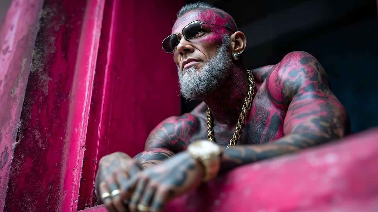 A man with a beard and tattoos on his body leaning against a pink wall