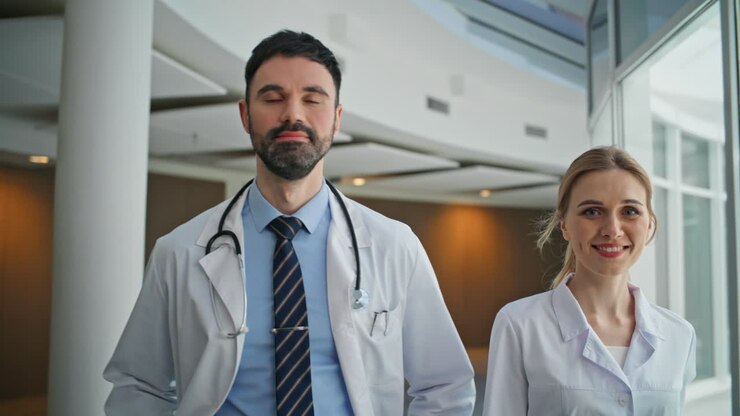 Confident doctors going hospital looking camera. Closeup smiling professionals