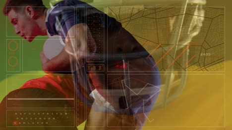 preparing to run, athlete using animation with digital interface and map overlay