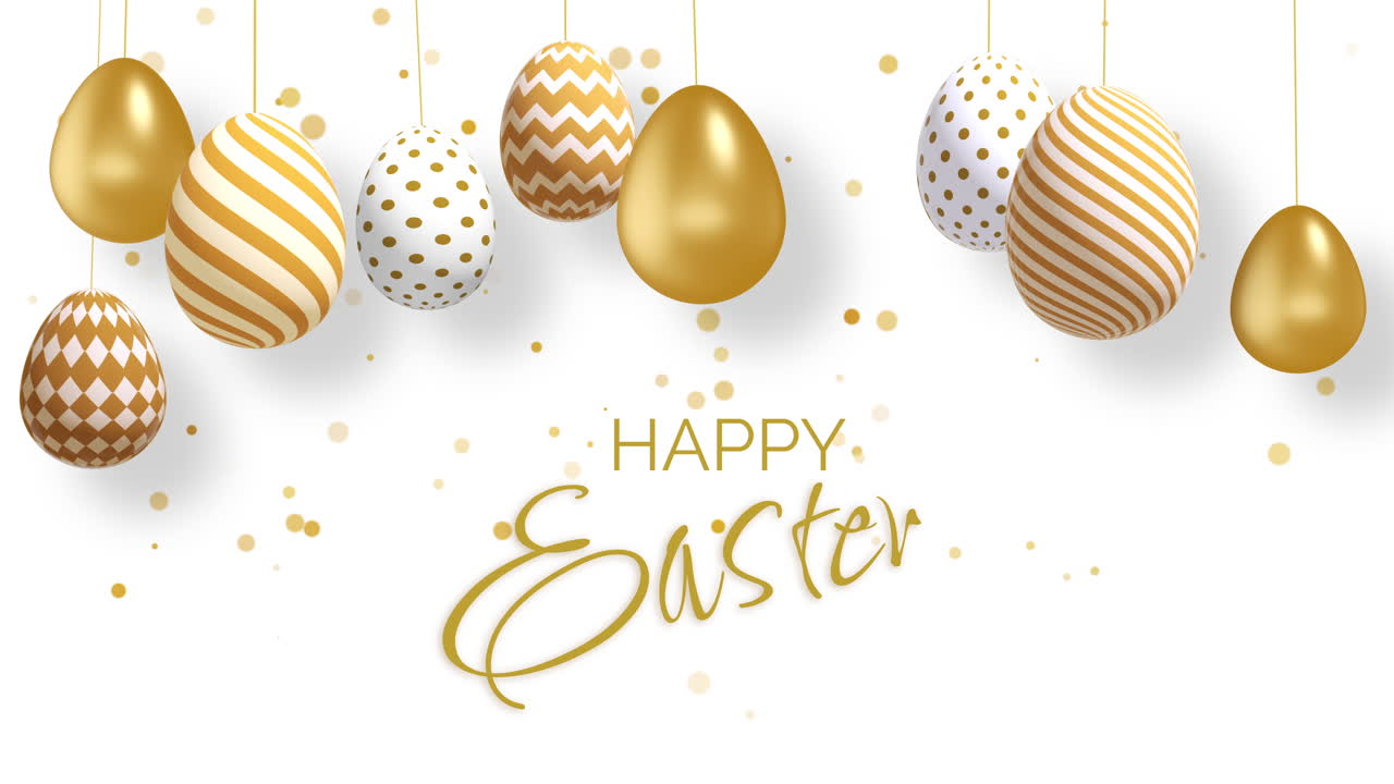 Golden Easter eggs with patterns on strings. Shiny gold particles on white background. Looped holiday animation Hppy Easter.