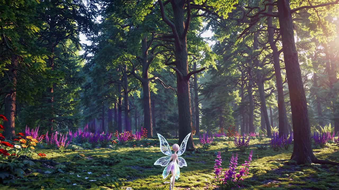 A whimsical fairy in a sunlit forest, captured from a low-angle shot, evokes a magical, fantasy