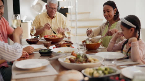 Big-family,-dinner-and-happy-at-dining-table