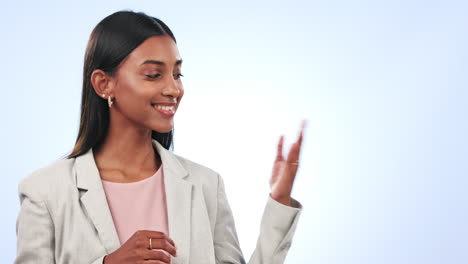 Business-woman,-palm-and-studio-presentation