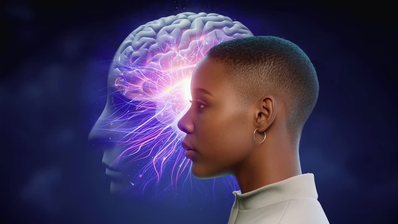 Concept video con ripresa laterale di una donna con una sovrapposizione di un cervello luminoso, a simboleggiare le idee