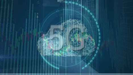 Animation-of-5g-text-in-circles-and-connected-dots-forming-cloud-over-lines