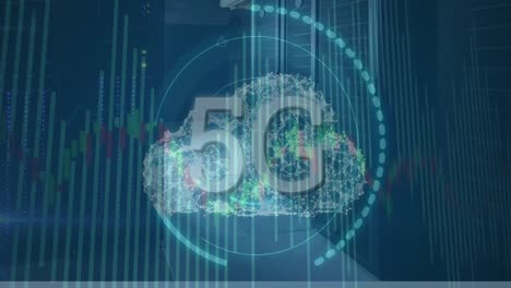 animation of 5g text in circles and connected dots forming cloud over lines