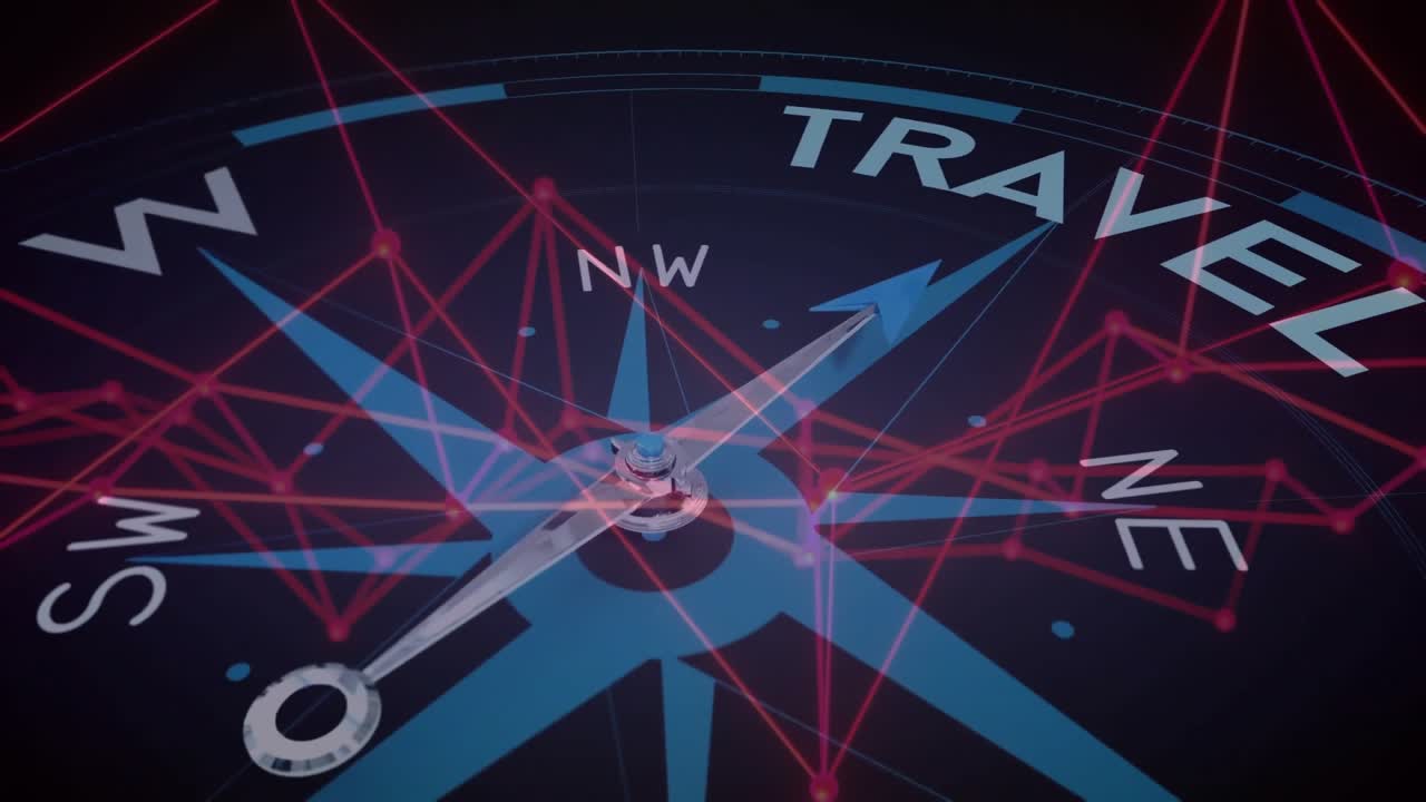 Compass dial emerging in dark scene, needle pivoting while red network pulsing, highlighting travel