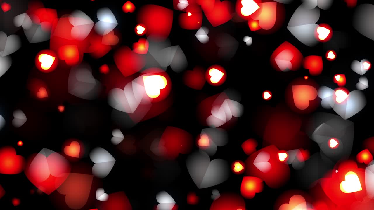 abstracto brillantes corazones rojos y blancos partícula flotando en fondo negro animación de bucle sin costuras. 4k 3d infinito vfx para el amor video arte, día de la madre, matrimonio, día de san valentín, aniversario de la boda.