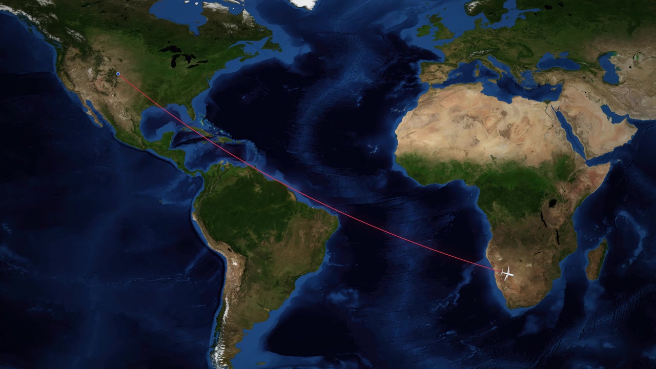 A digital plane icon travels a red line path from North America to South Africa