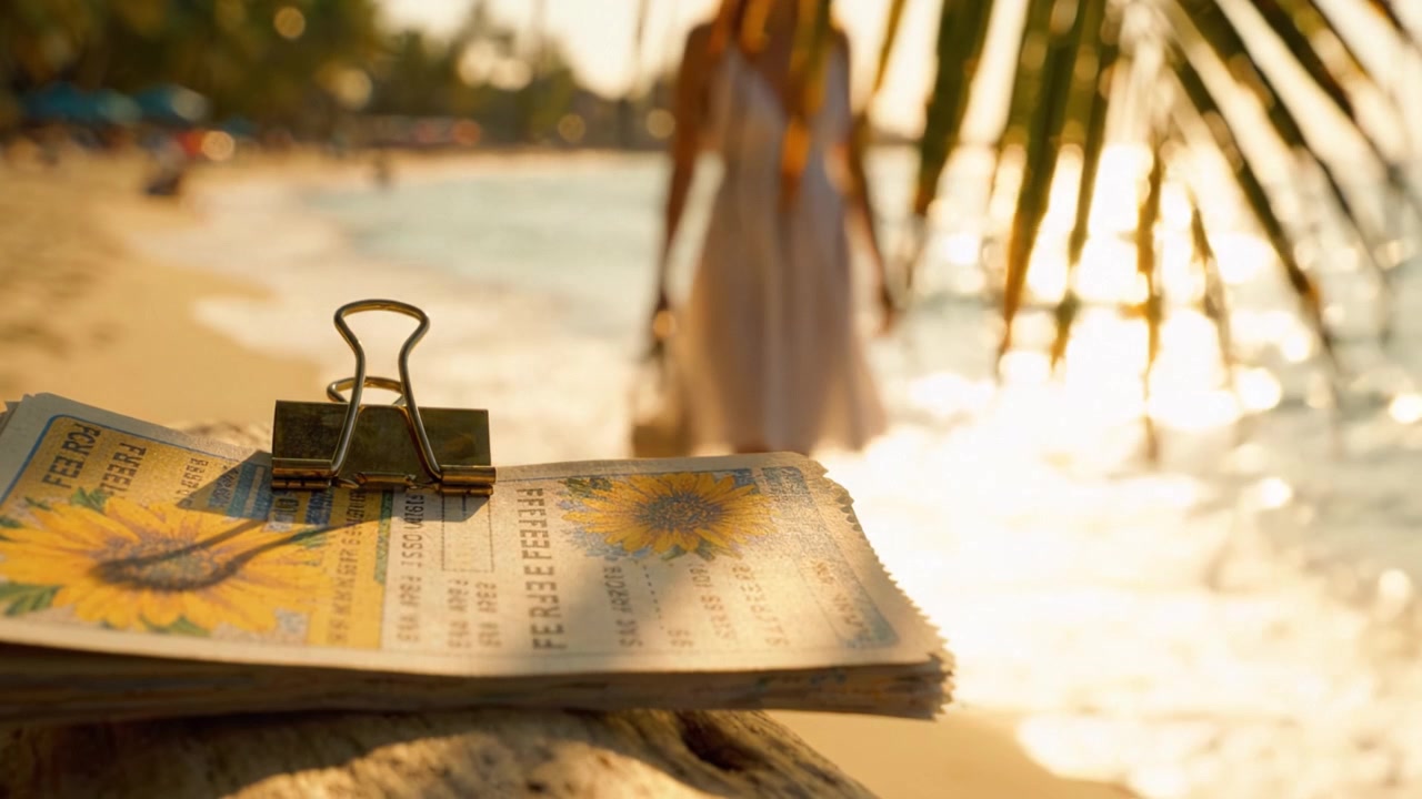 A serene beach scene featuring sunlit lottery tickets held down by a clip, with a softly blurred figure strolling along the water's edge in the background.