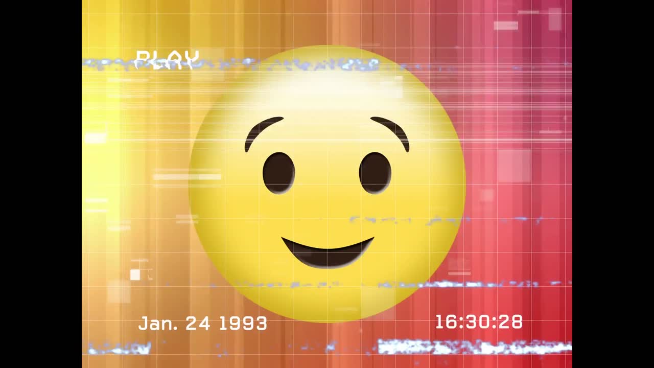 그래디언트 배경의 디지털 파도에 맞춰 눈을  ⁇ 이는 얼굴 이모티콘에 대한 vhs 오류 효과