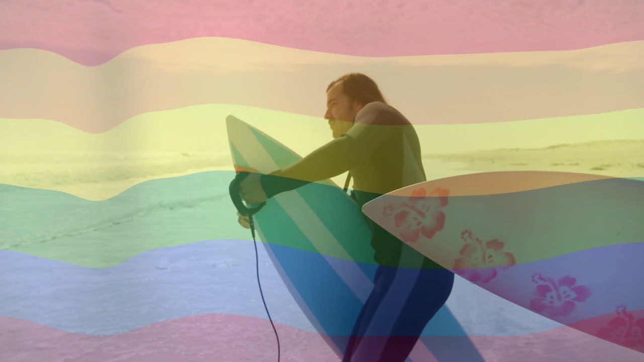 Carrying surfboard on beach, surfer with animation of rainbow wave pattern