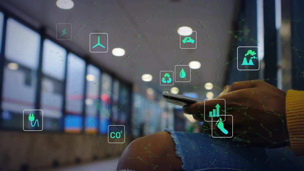 Woman tapping smartphone on bench, initiating eco data visualization icons swirling around screen