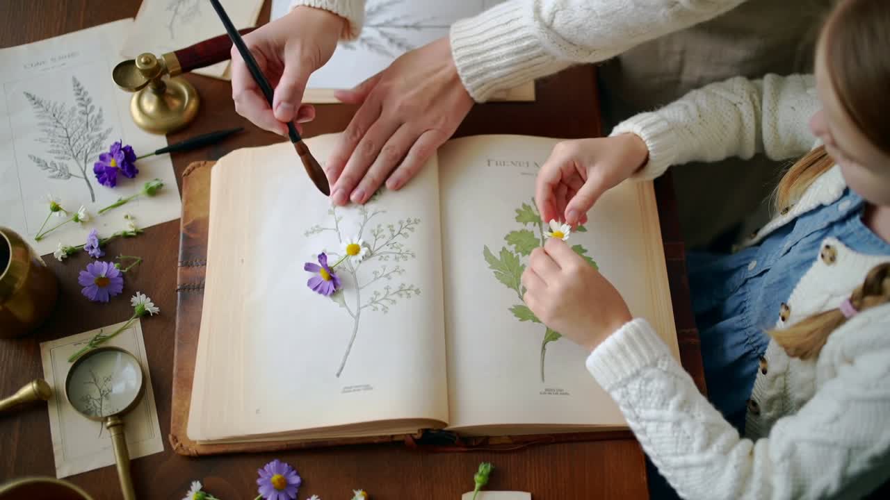 Mengokohkan buku di meja, orang dewasa berkaus krem merapikan bunga daisy, anak meletakkannya untuk disimpan.