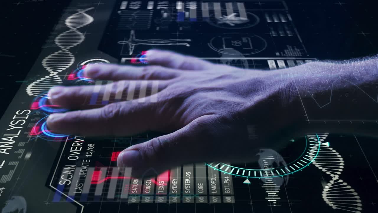 animación de las manos de un hombre caucásico usando una pantalla táctil con diversos datos
