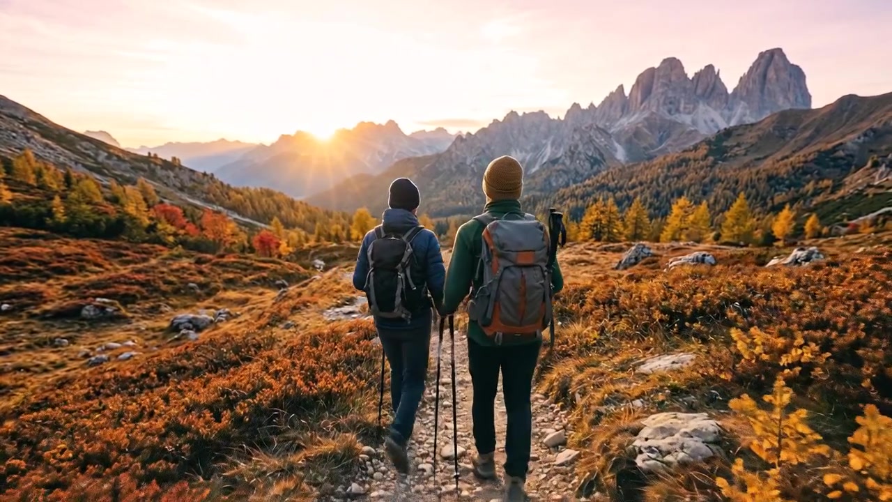 Filmato di escursionismo all'aperto e avventura nella natura con persone che esplorano paesaggi montani e forestali panoramici