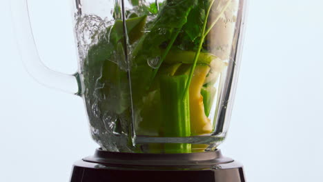 vegetables blender poured water close up. organic veggies fruits herbs in mixer.