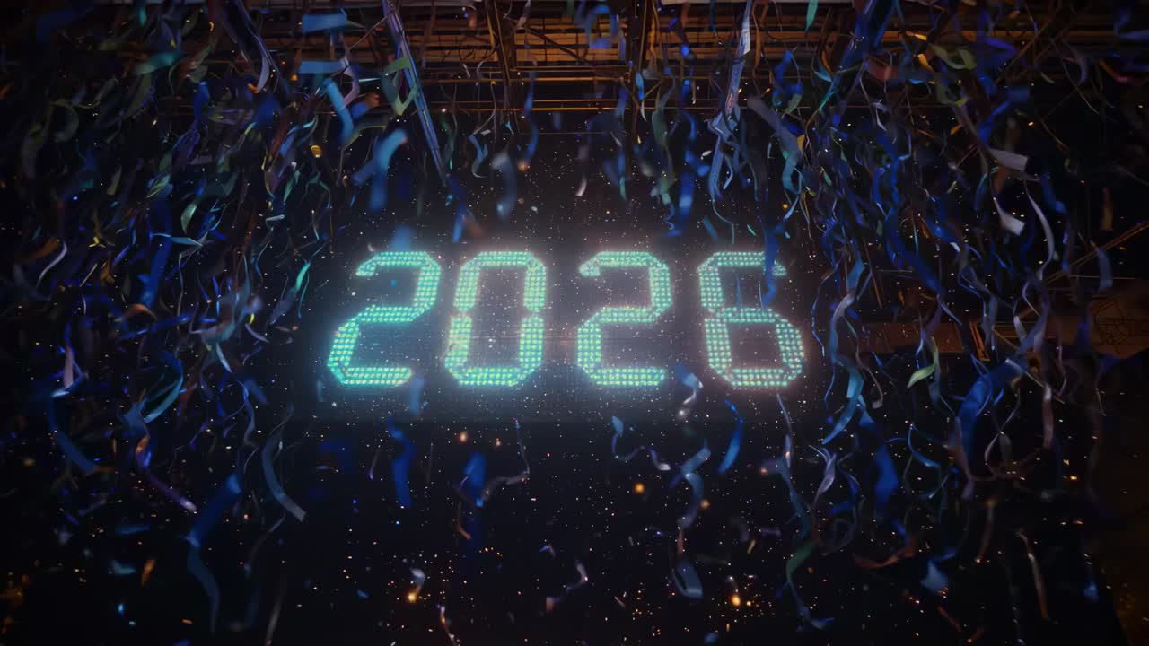 Cannone che spara coriandoli, stelle filanti e glitter sul palco che rivela BUON ANNO 2026