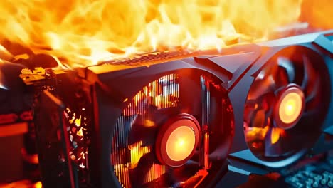 a close up of a computer motherboard with flames coming out of it