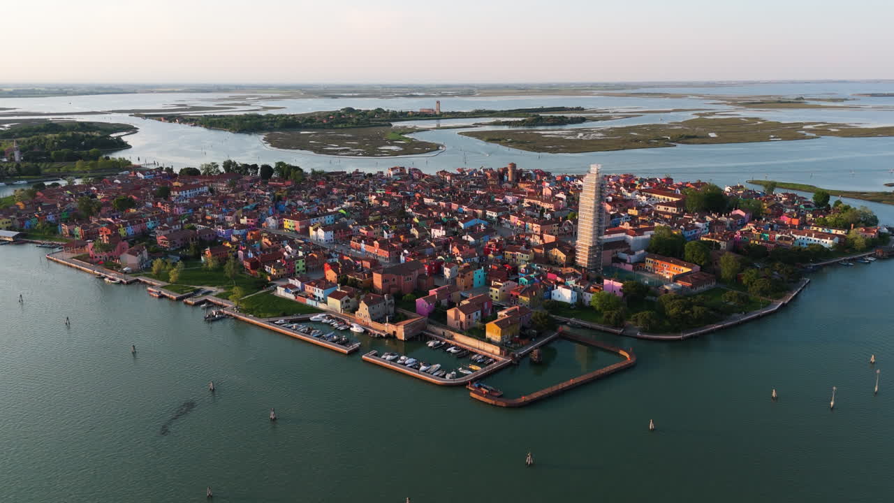 Scenic Burano Island At Sunset In Venice, Italy - Aerial Shot