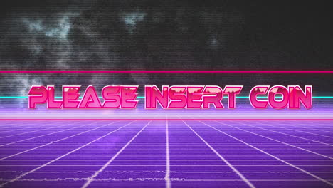 animation of please insert coin text banner over purple grid network against black background